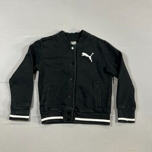 Puma Bomber Jacket Kids XS Black Fleece Logo Ribbed Trim Snap Button Long Sleeve